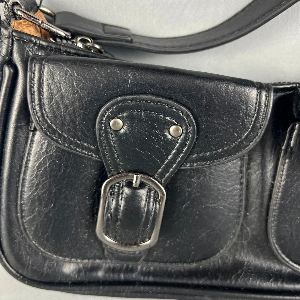 Womens Handbag Black Leather Lined Double Pockets Baguette Shoulder Bag Fashion